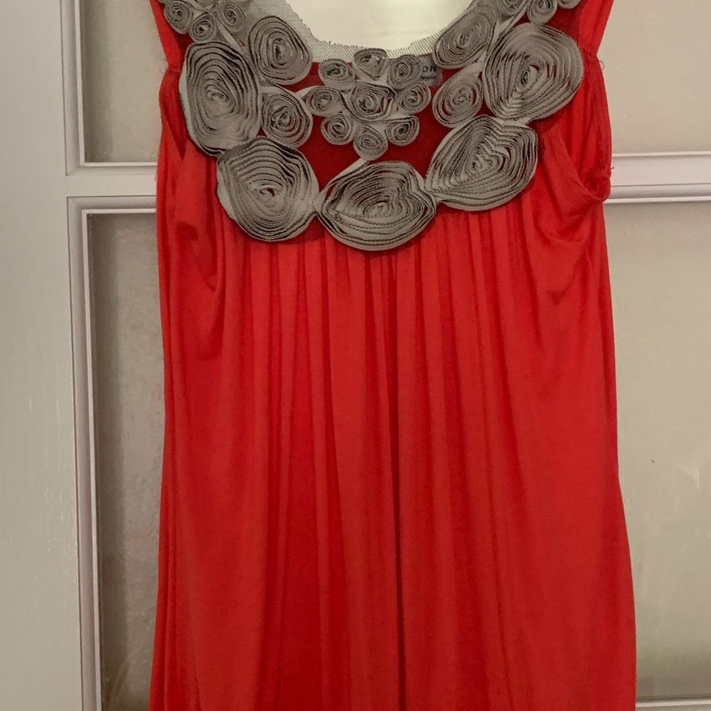 Red Dress with Gray Rosette Detailing